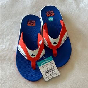 Reef Men’s Blue and Orange Cushion Flip Sandals with Bottle opener bottoms